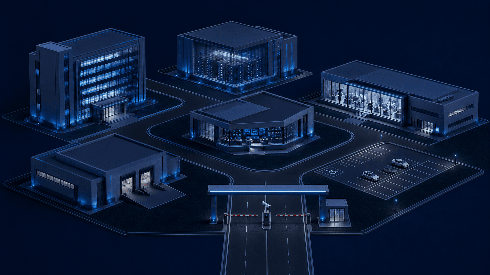 SHINE security campus with controlled vehicle entry, parking, office, data centre, laboratory, operations and logistics zones