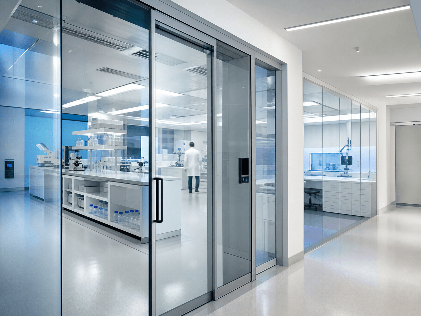 Controlled biomedical laboratory entrance with glazed secure zones