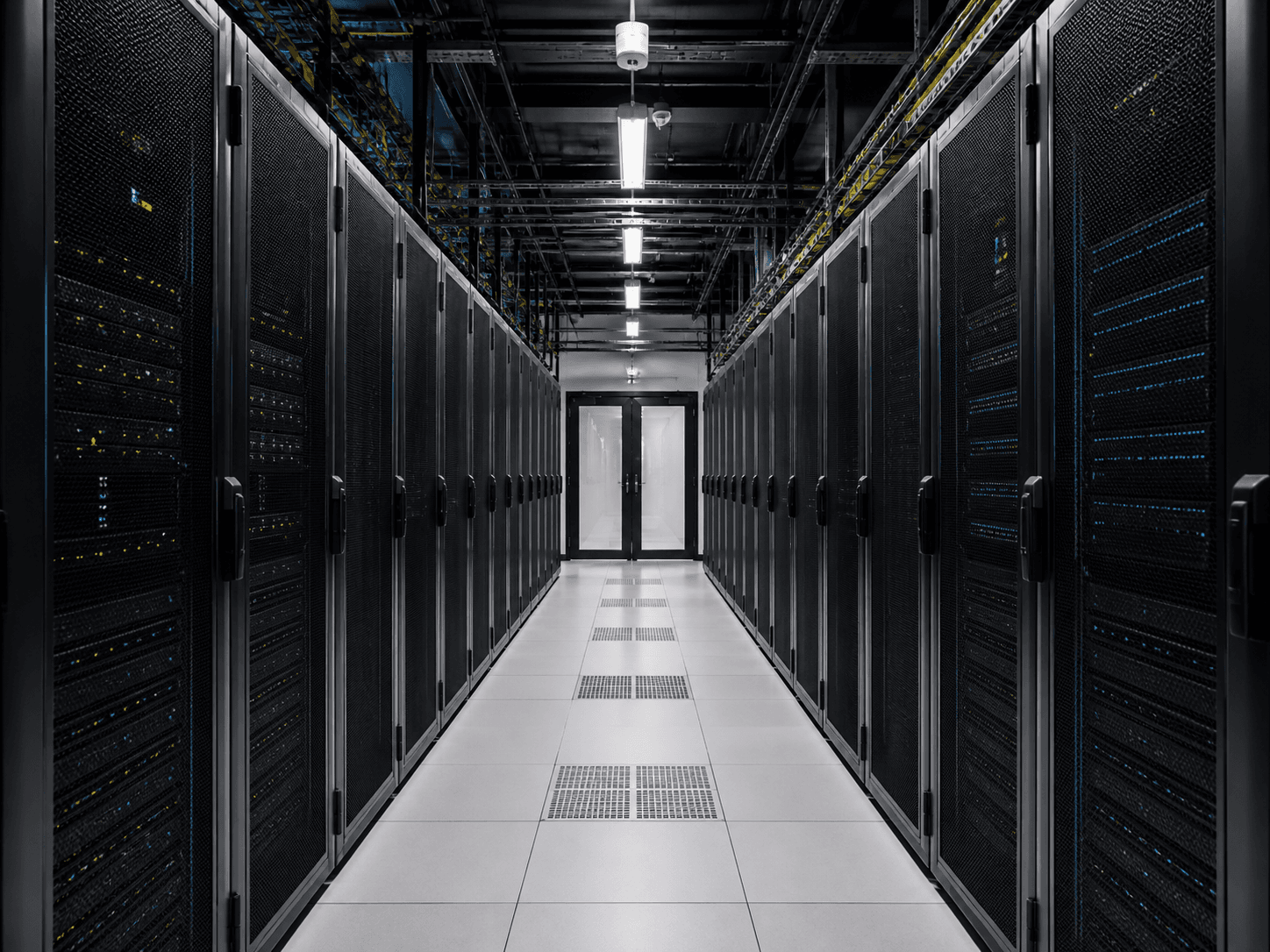 Secure data centre aisle with server racks and controlled access