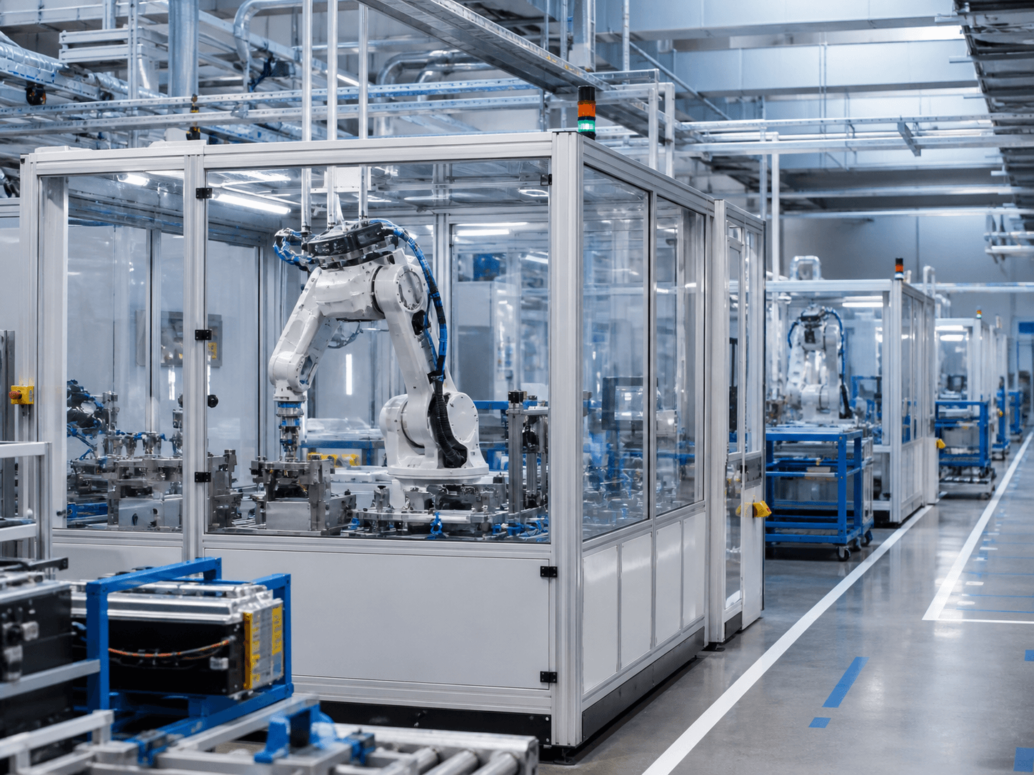 Automated high-tech manufacturing floor with controlled production cells