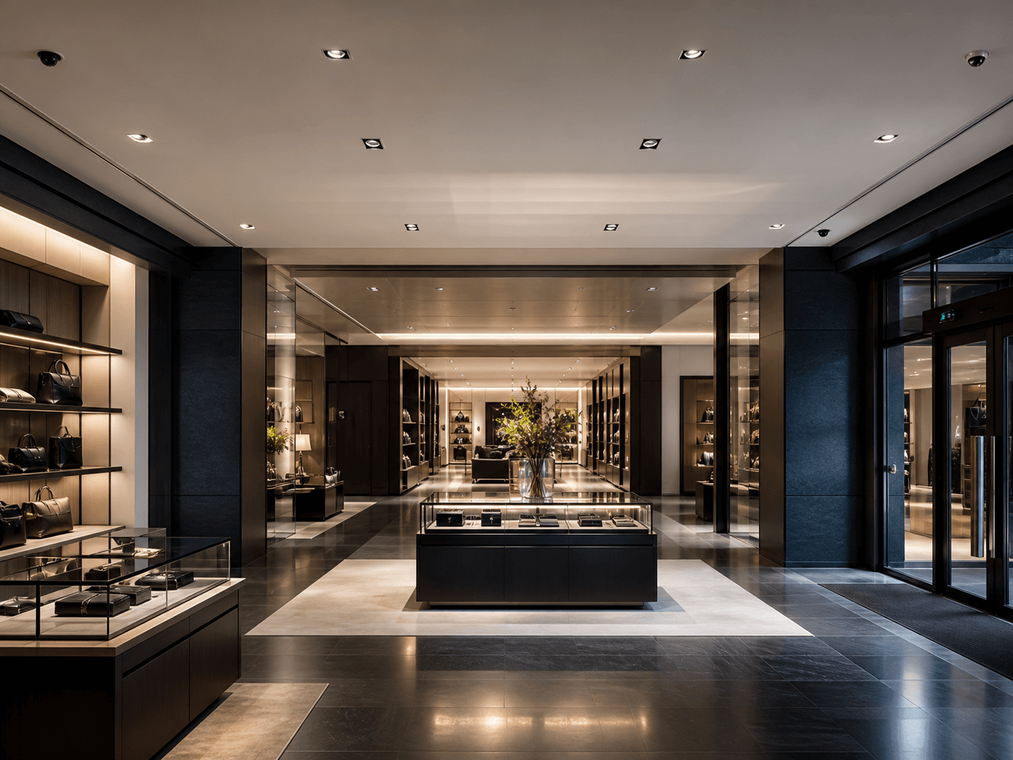 Premium retail interior with controlled access and discreet security coverage