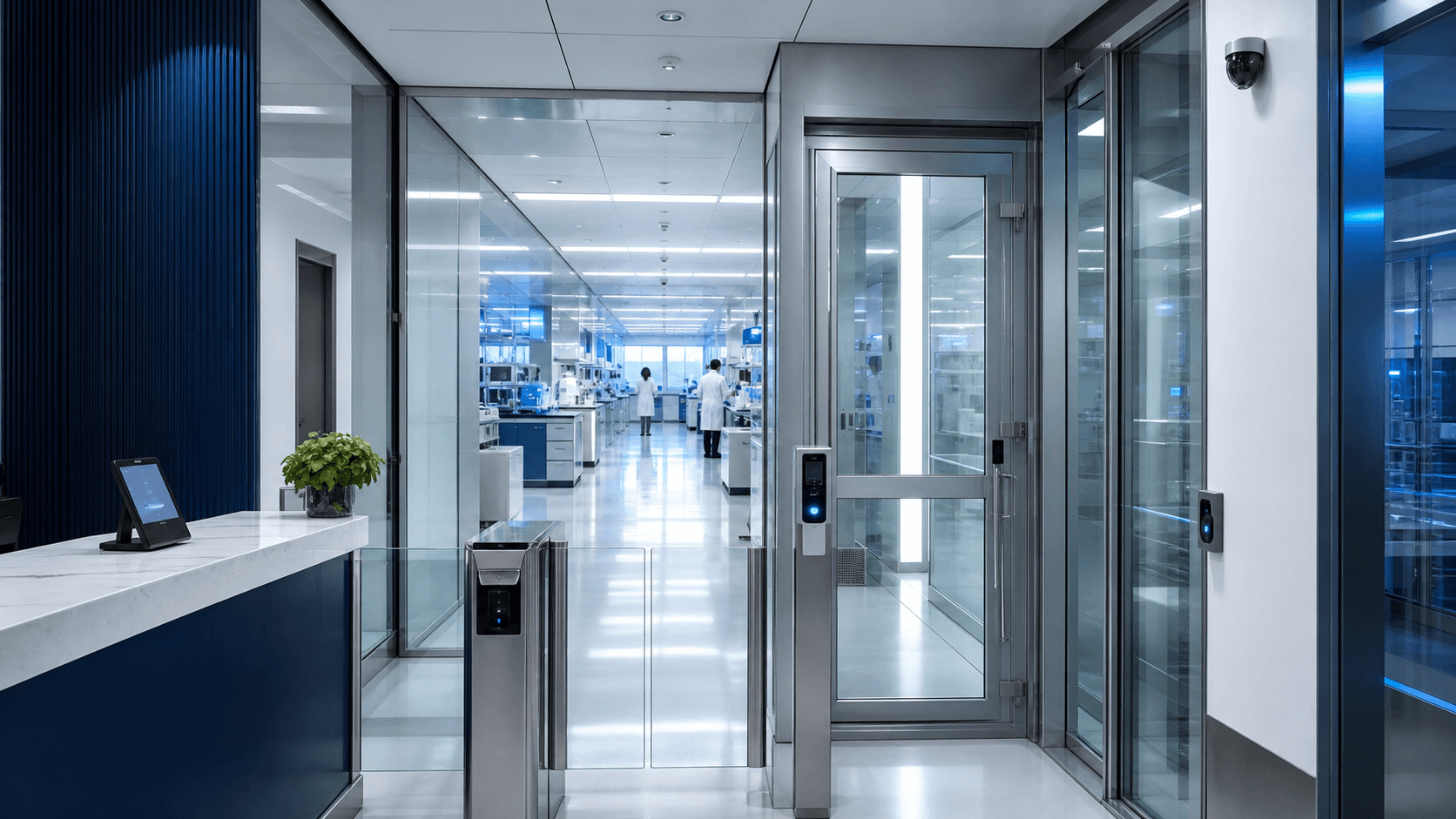Biomedical facility reception and controlled visitor arrival path