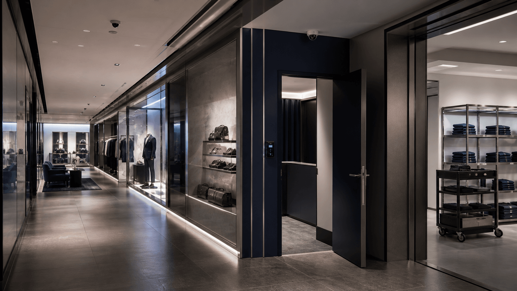 Luxury retail customer zone with discreet video coverage and controlled service access